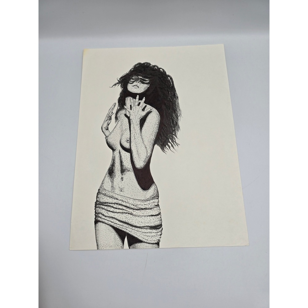 Unbranded Original Ink Drawing Art 9x12 Black White Good Pointillism Nude Figure